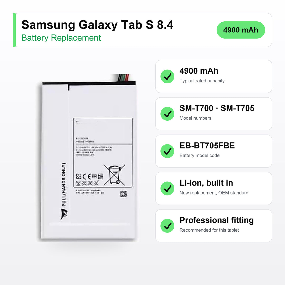 Samsung Galaxy Tab S 8.4 battery replacement specs: 4900 mAh, SM-T700, SM-T705, EB-BT705FBE