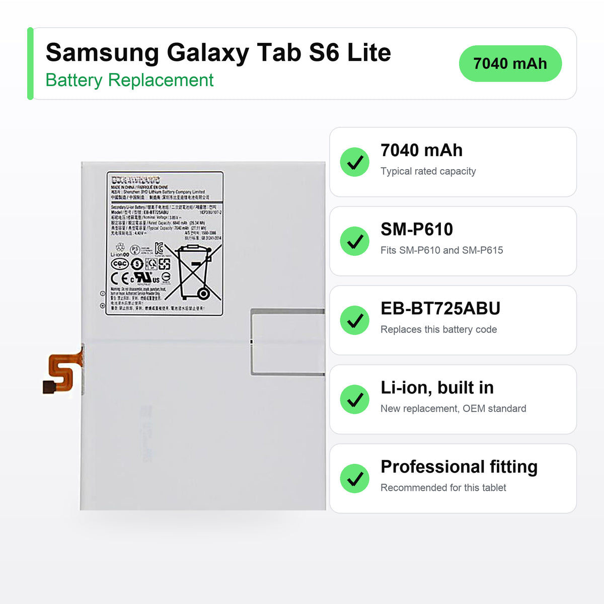 Samsung Galaxy Tab S6 Lite battery replacement specs: 7040 mAh, SM-P610, EB-BT725ABU