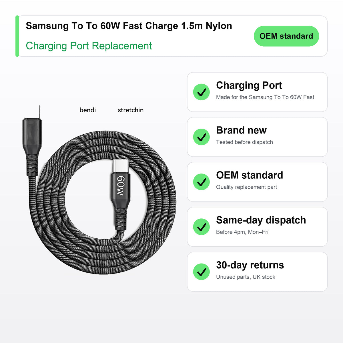 Samsung To To 60W Fast Charge 1.5m Nylon charging port key facts: brand new, tested, same-day UK dispatch