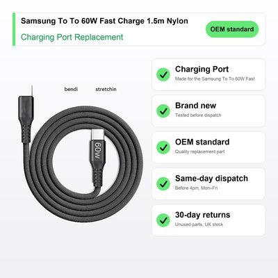 Samsung To To 60W Fast Charge 1.5m Nylon charging port key facts: brand new, tested, same-day UK dispatch