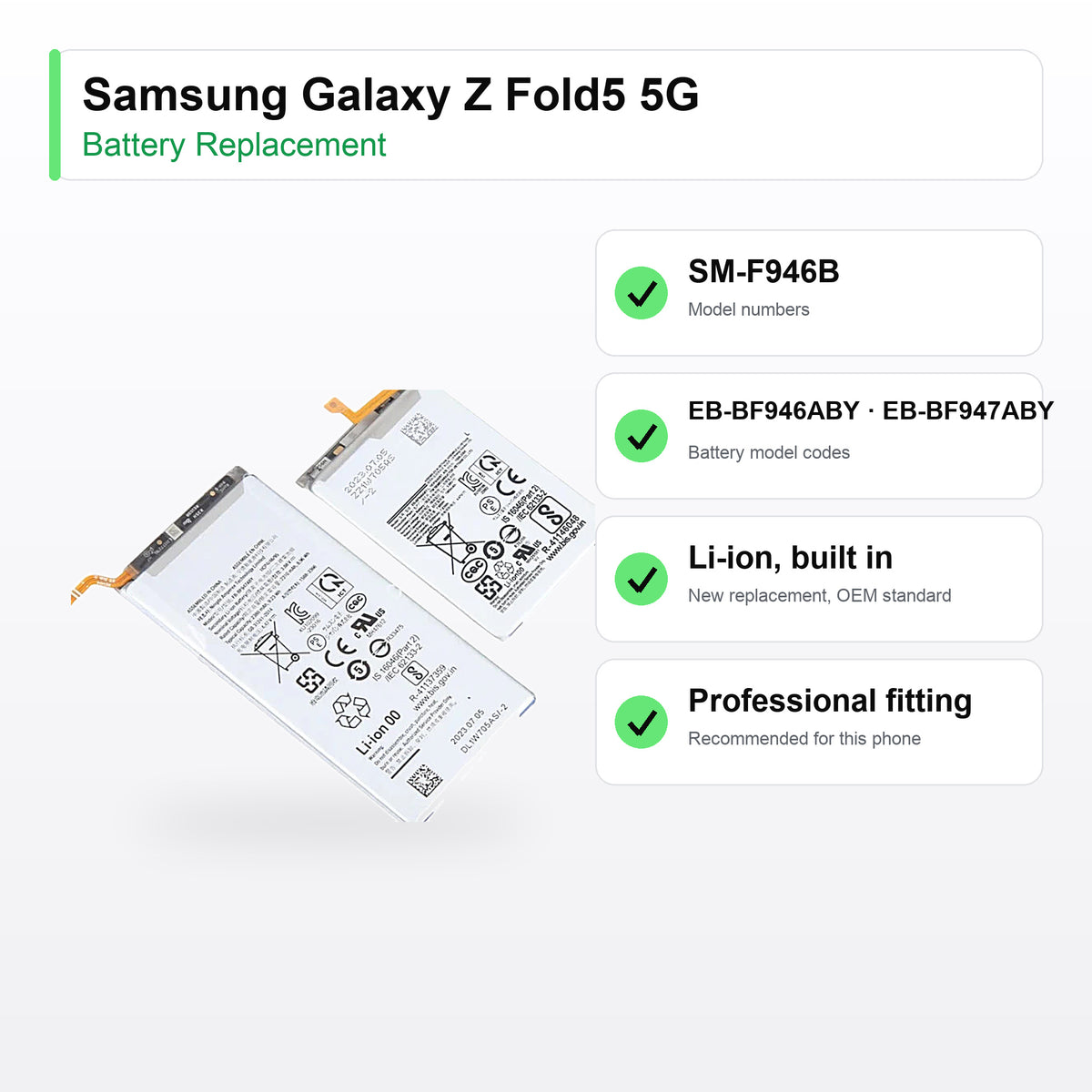 Samsung Galaxy Z Fold5 5G battery replacement specs: SM-F946B, EB-BF946ABY and EB-BF947ABY