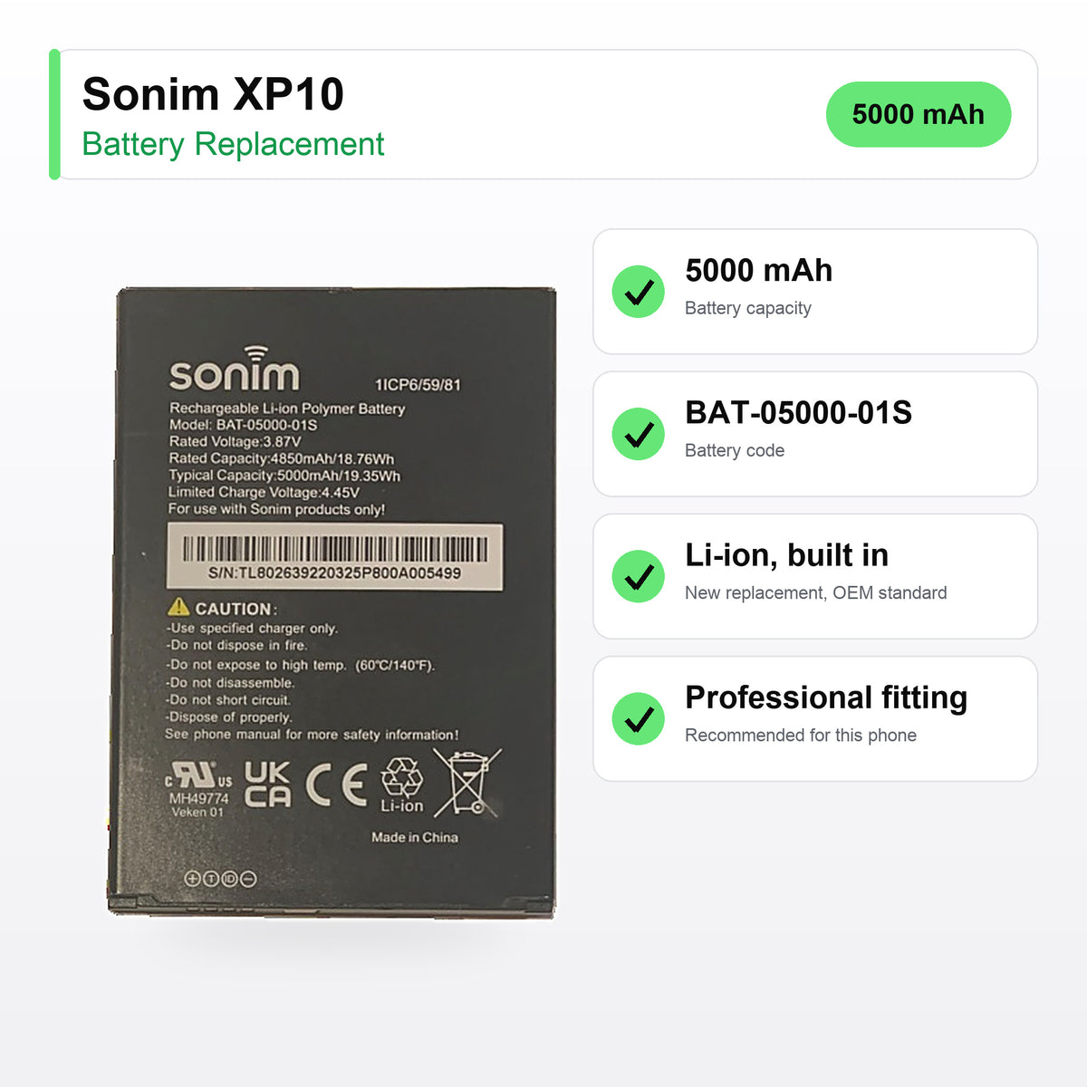 Sonim XP10 battery replacement specs: 5000 mAh, BAT-05000-01S