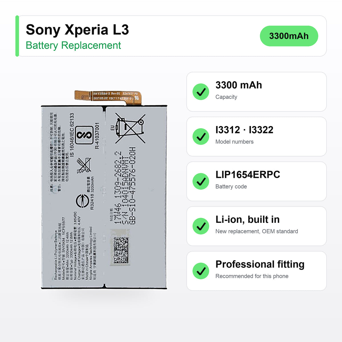 Sony Xperia L3 battery replacement specs: 3300 mAh, LIP1654ERPC, I3312, UK delivery 3.49