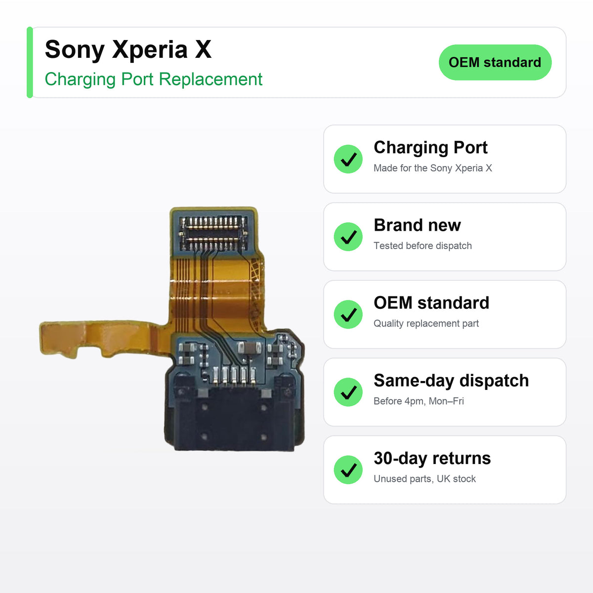 Sony Xperia X charging port key facts: brand new, tested, same-day UK dispatch