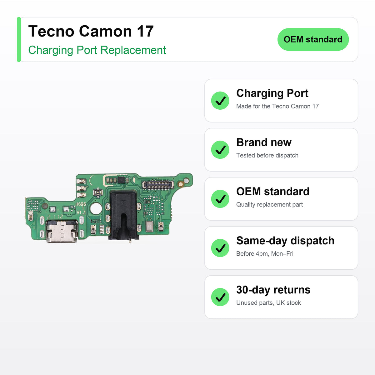 Tecno Camon 17 charging port key facts: brand new, tested, same-day UK dispatch