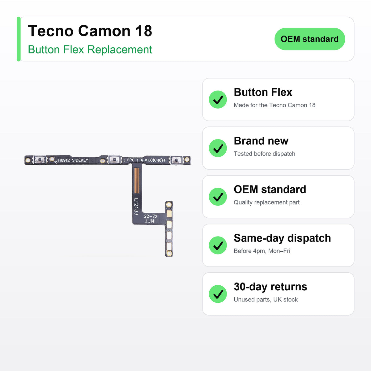Tecno Camon 18 button flex key facts: brand new, tested, same-day UK dispatch
