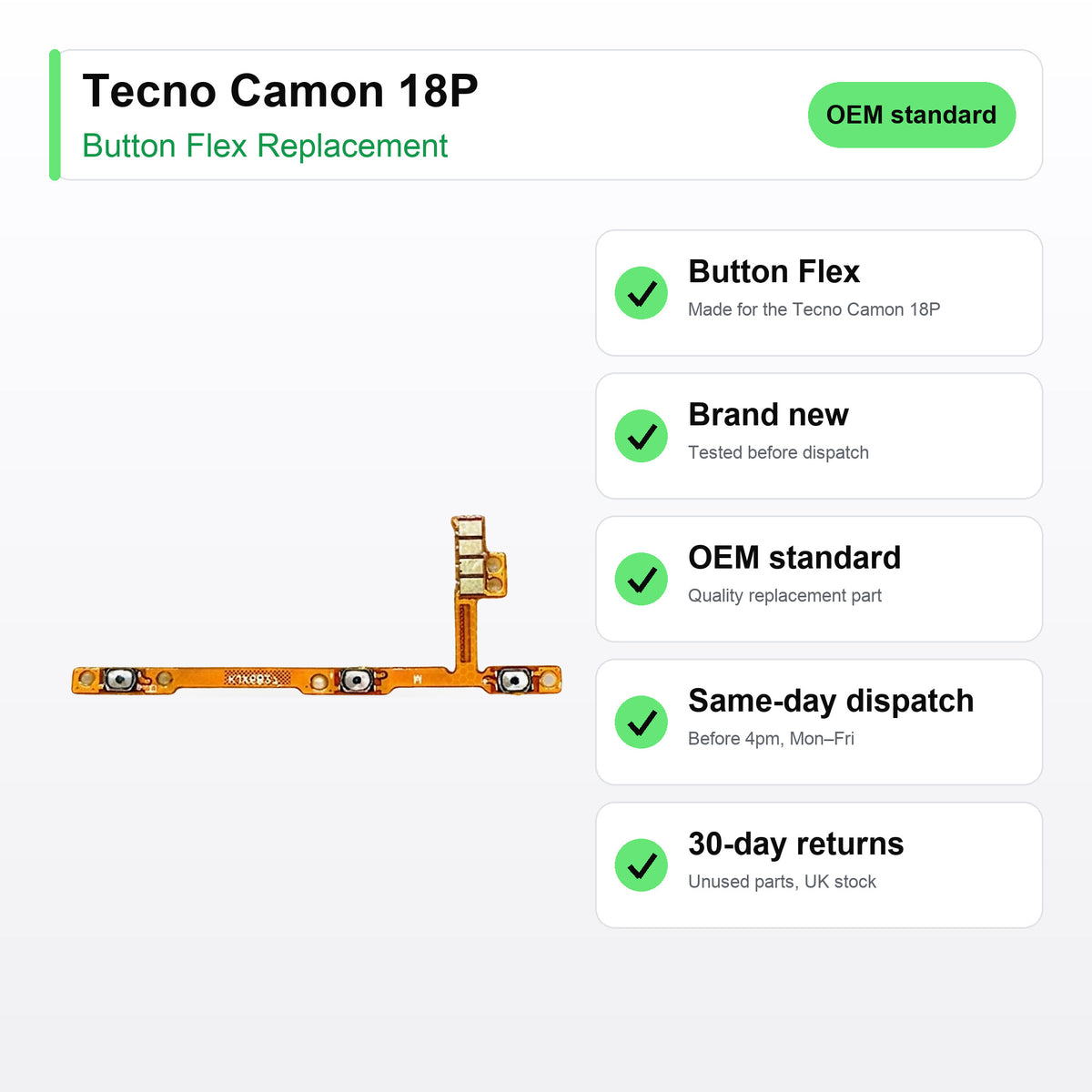 Tecno Camon 18P button flex key facts: brand new, tested, same-day UK dispatch