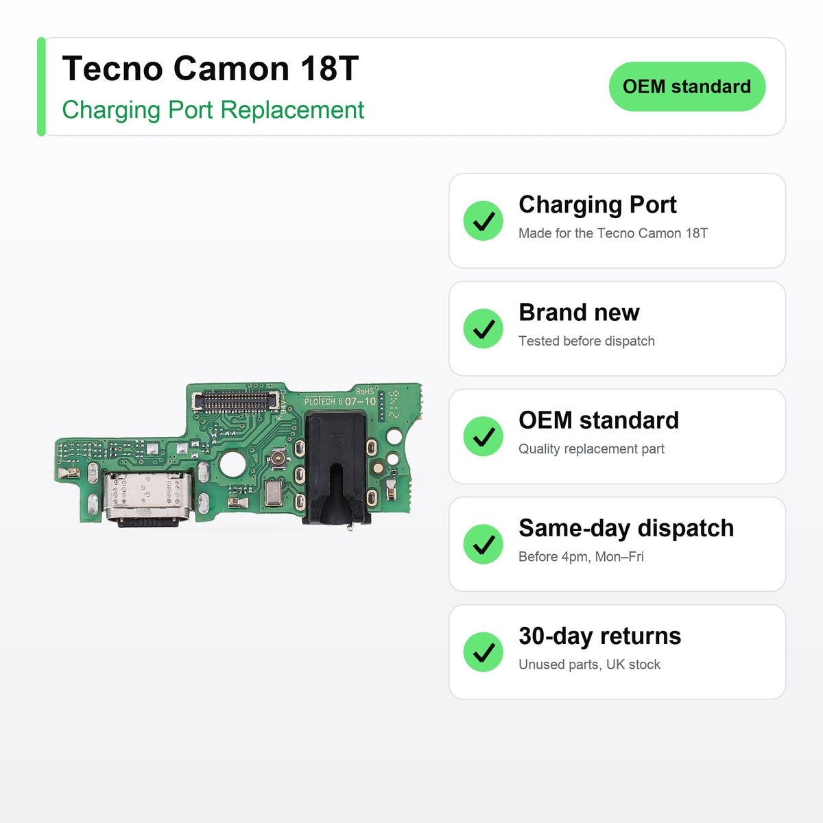 Tecno Camon 18T charging port key facts: brand new, tested, same-day UK dispatch