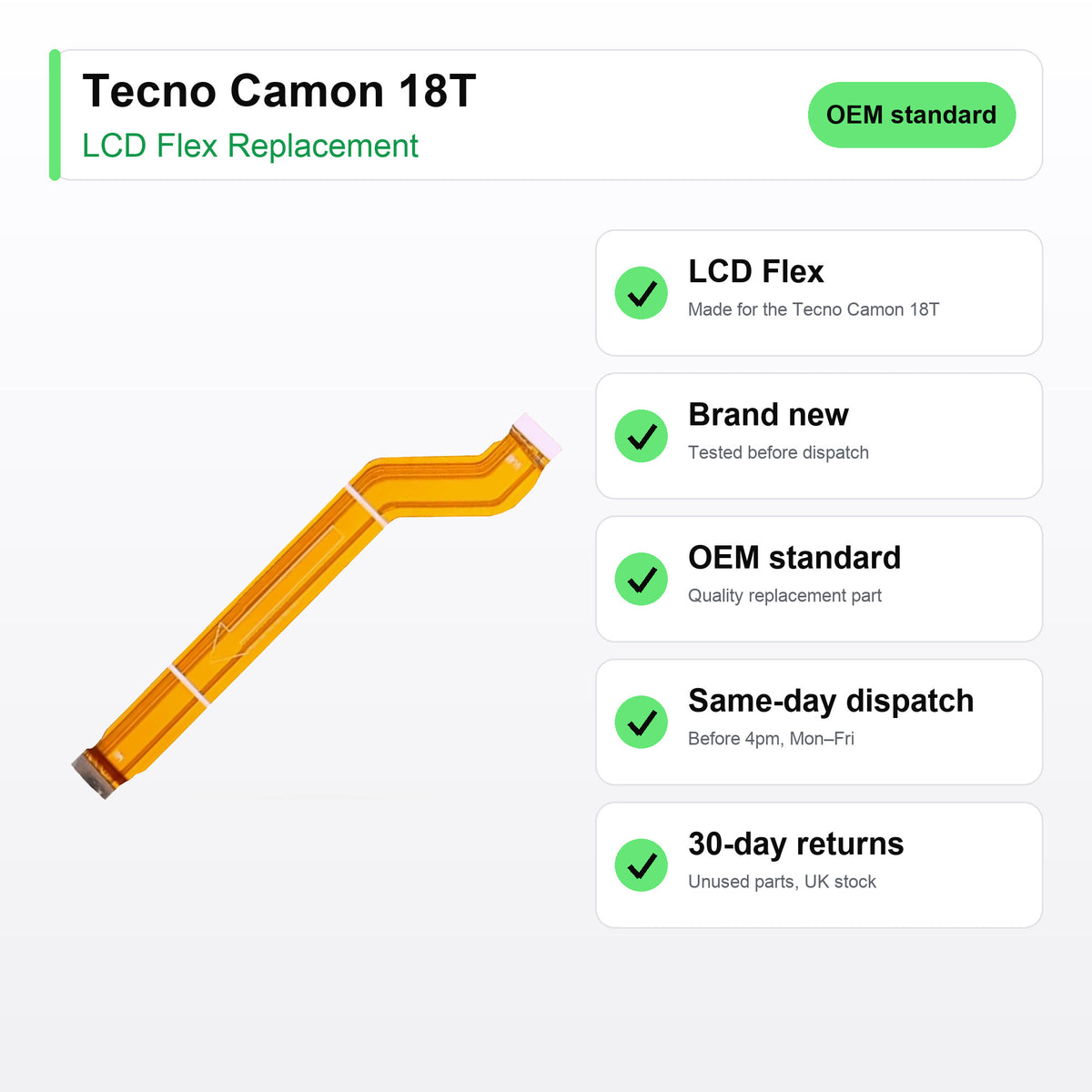 Tecno Camon 18T LCD flex cable key facts: brand new, tested, same-day UK dispatch