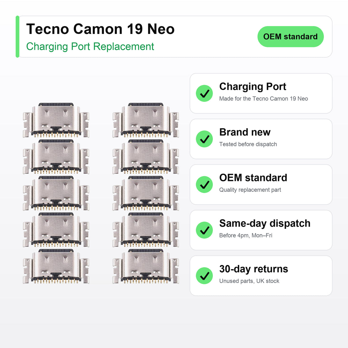 Tecno Camon 19 Neo charging port key facts: brand new, tested, same-day UK dispatch