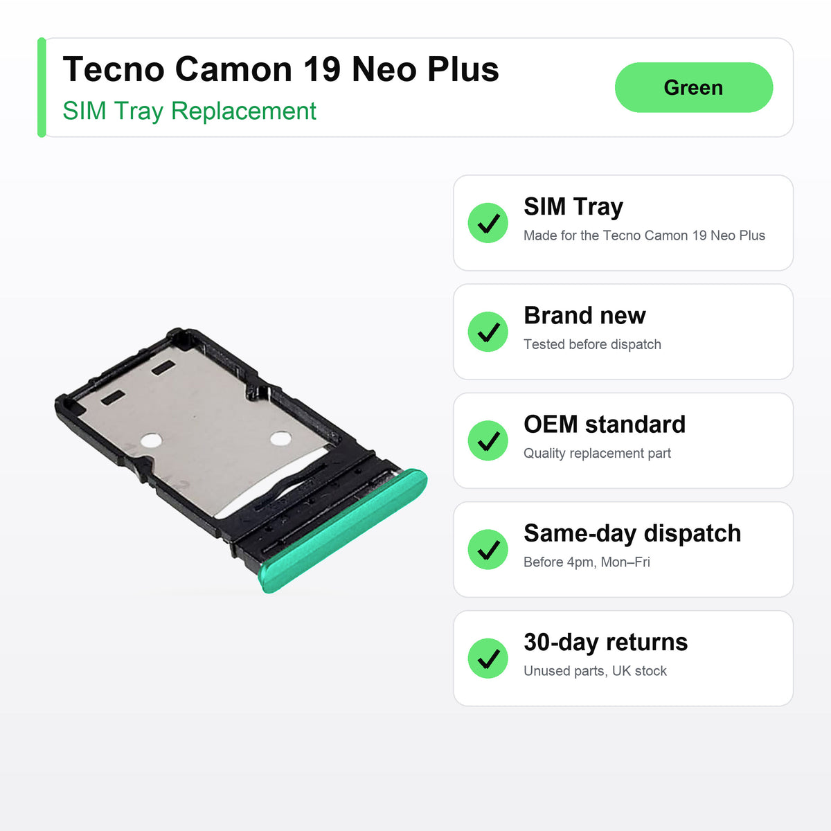 Tecno Camon 19 Neo Plus SIM tray key facts: brand new, tested, same-day UK dispatch