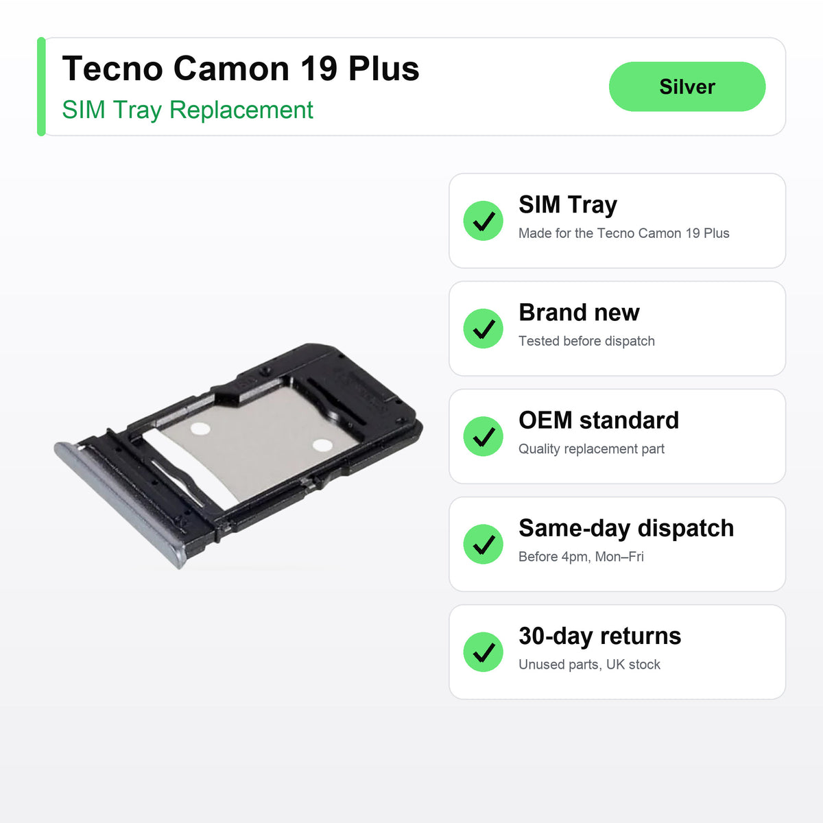 Tecno Camon 19 Plus SIM tray key facts: brand new, tested, same-day UK dispatch