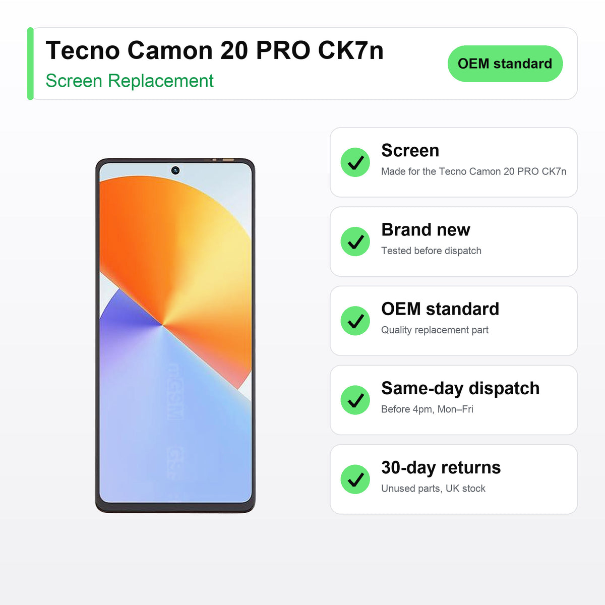 Tecno Camon 20 PRO CK7n screen key facts: brand new, tested, same-day UK dispatch