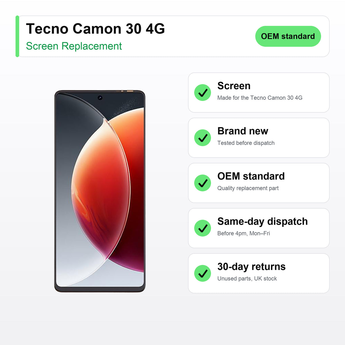 Tecno Camon 30 4G screen key facts: brand new, tested, same-day UK dispatch