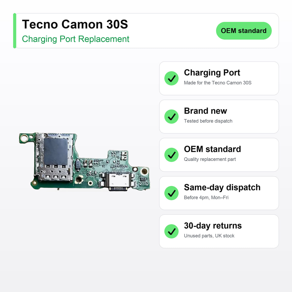 Tecno Camon 30S charging port key facts: brand new, tested, same-day UK dispatch