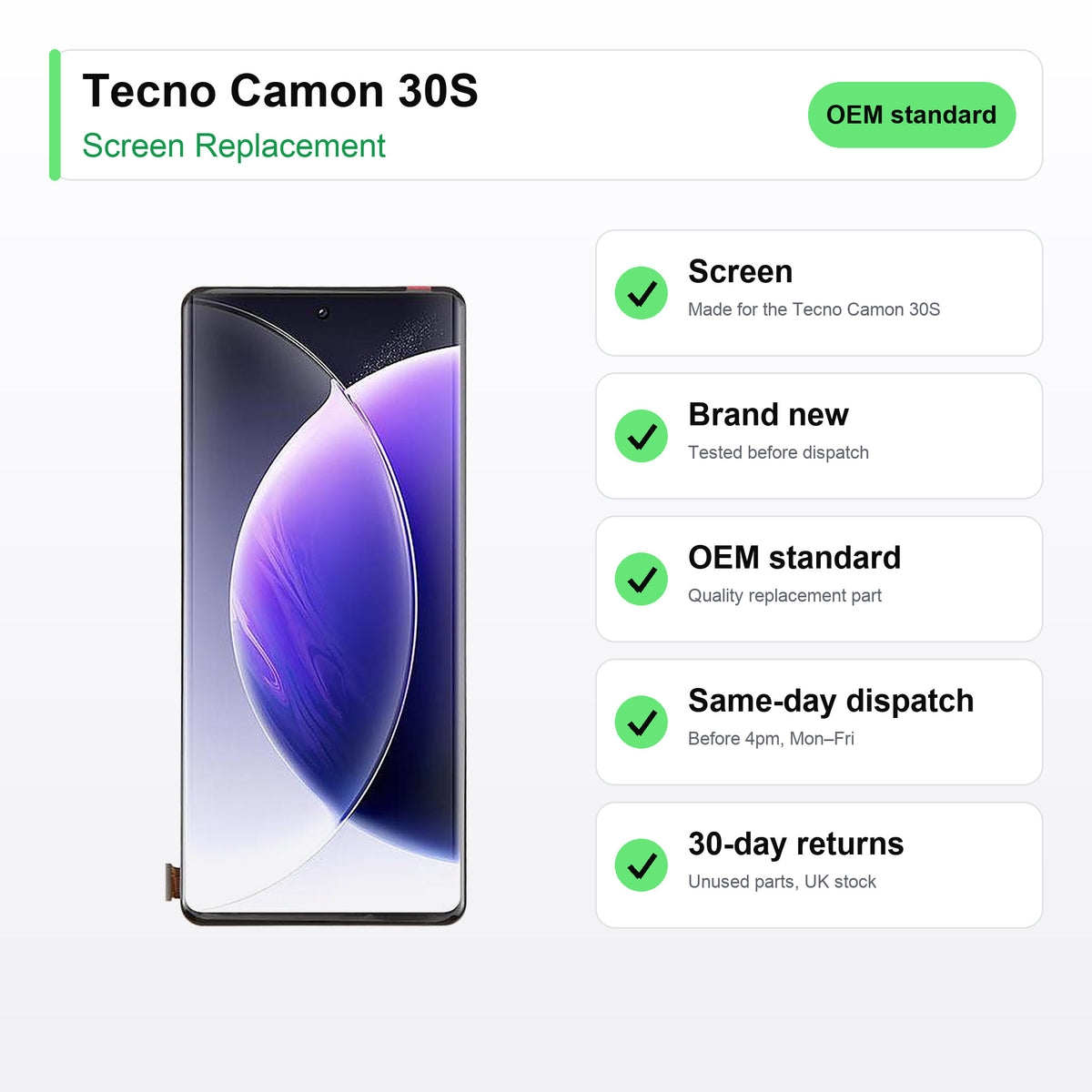 Tecno Camon 30S screen key facts: brand new, tested, same-day UK dispatch