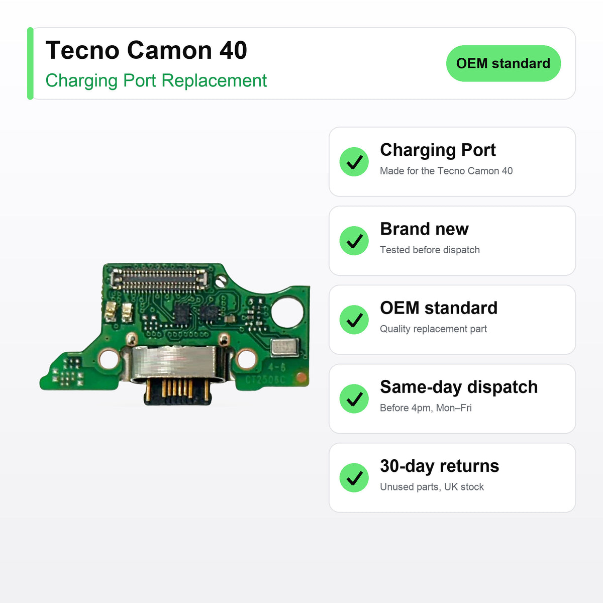 Tecno Camon 40 charging port key facts: brand new, tested, same-day UK dispatch