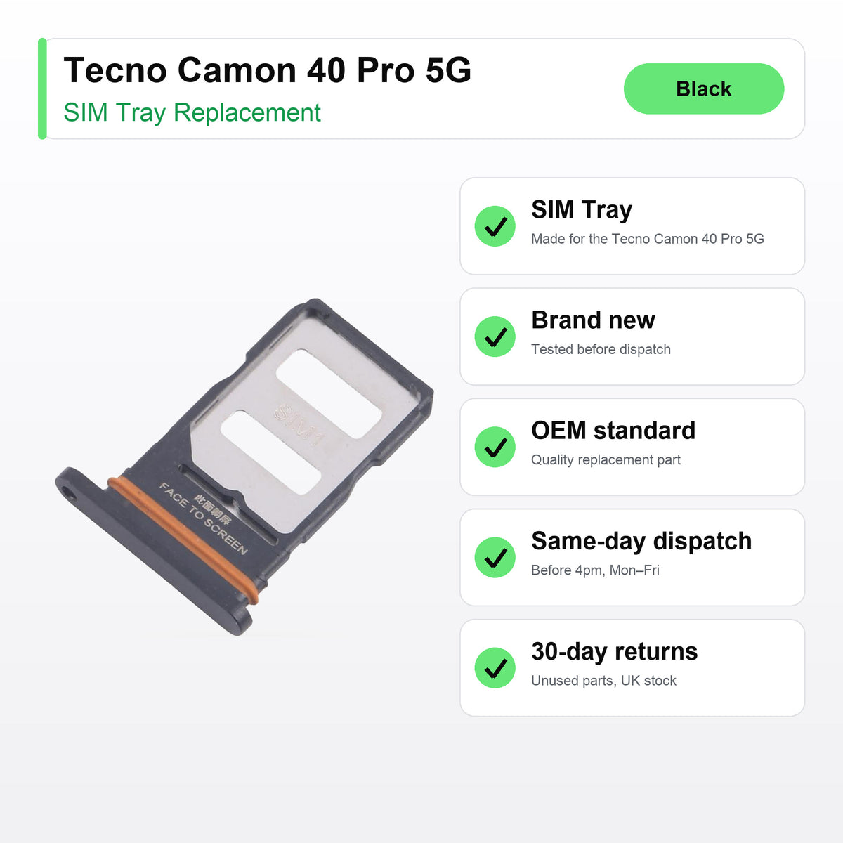 Tecno Camon 40 Pro 5G SIM tray key facts: brand new, tested, same-day UK dispatch