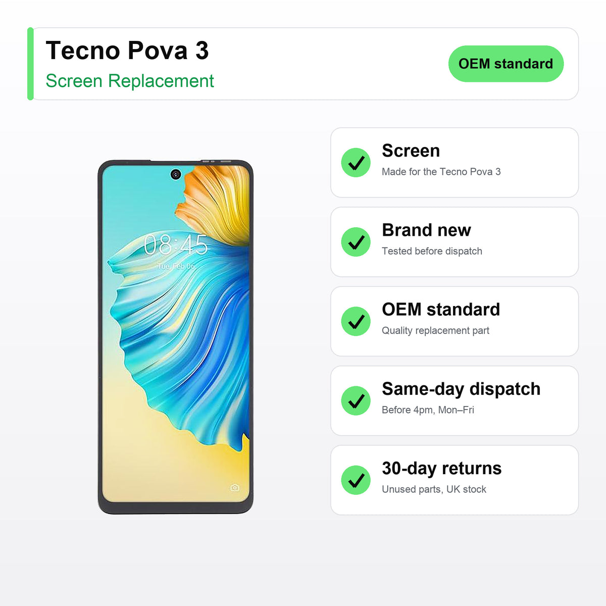Tecno Pova 3 screen key facts: brand new, tested, same-day UK dispatch