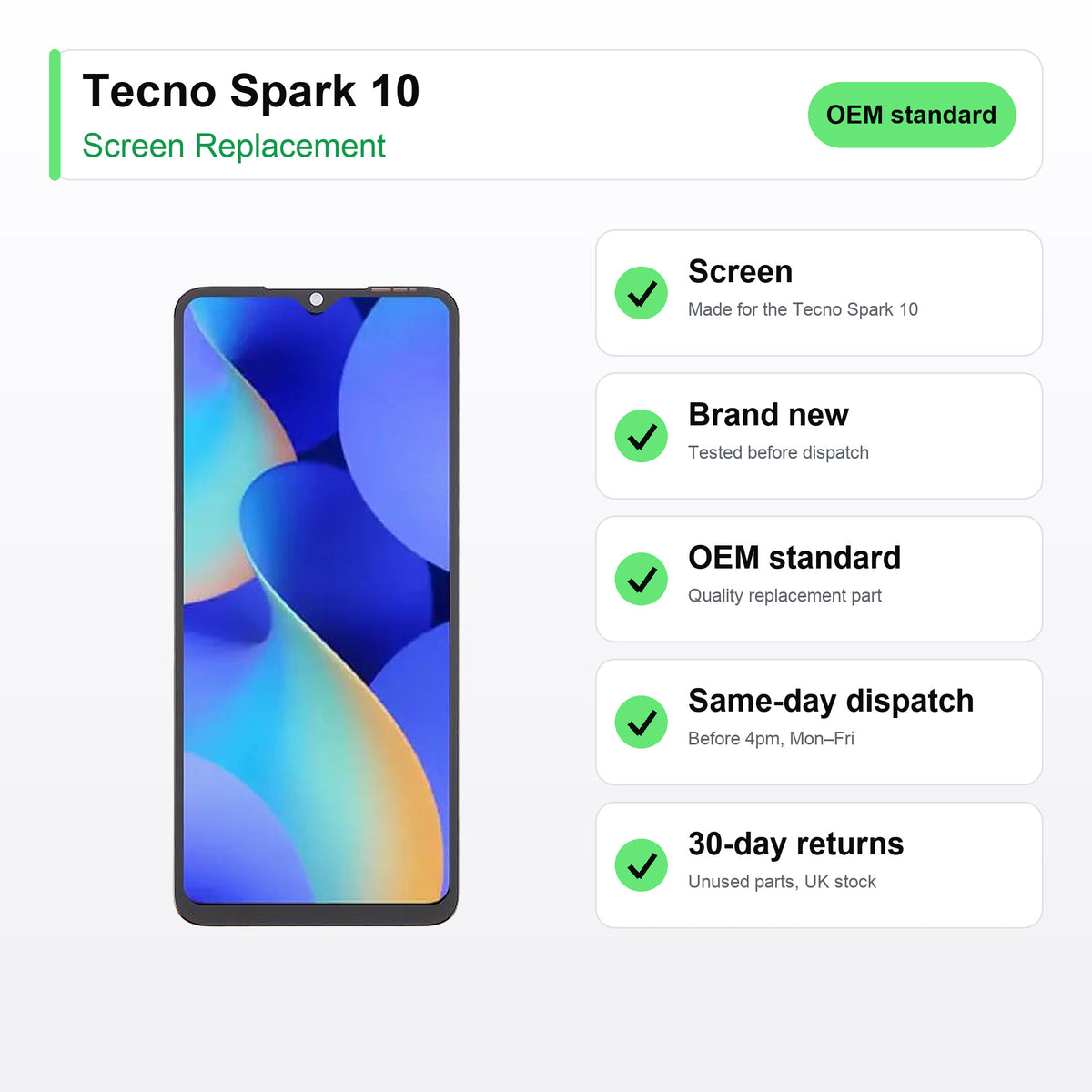 Tecno Spark 10 screen key facts: brand new, tested, same-day UK dispatch