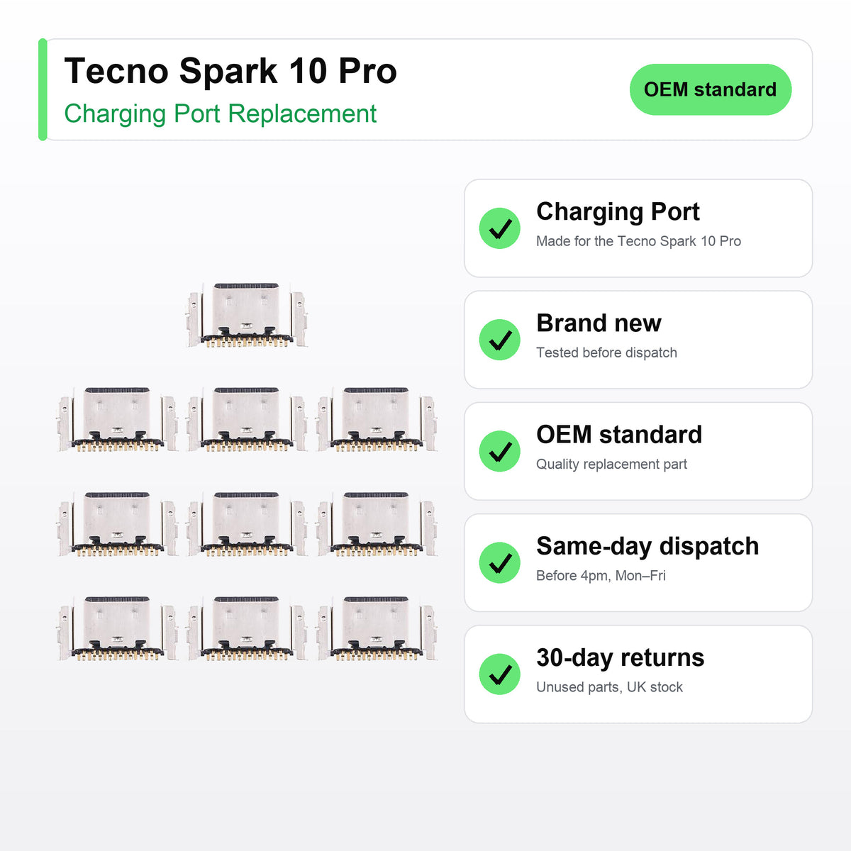 Tecno Spark 10 Pro charging port key facts: brand new, tested, same-day UK dispatch