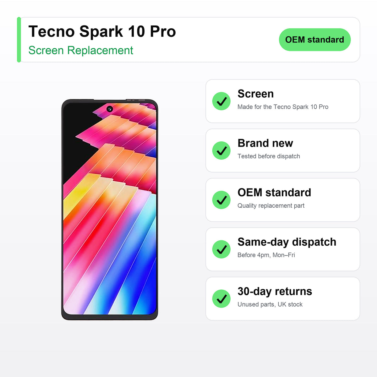 Tecno Spark 10 Pro screen key facts: brand new, tested, same-day UK dispatch