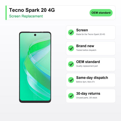 Tecno Spark 20 4G screen key facts: brand new, tested, same-day UK dispatch