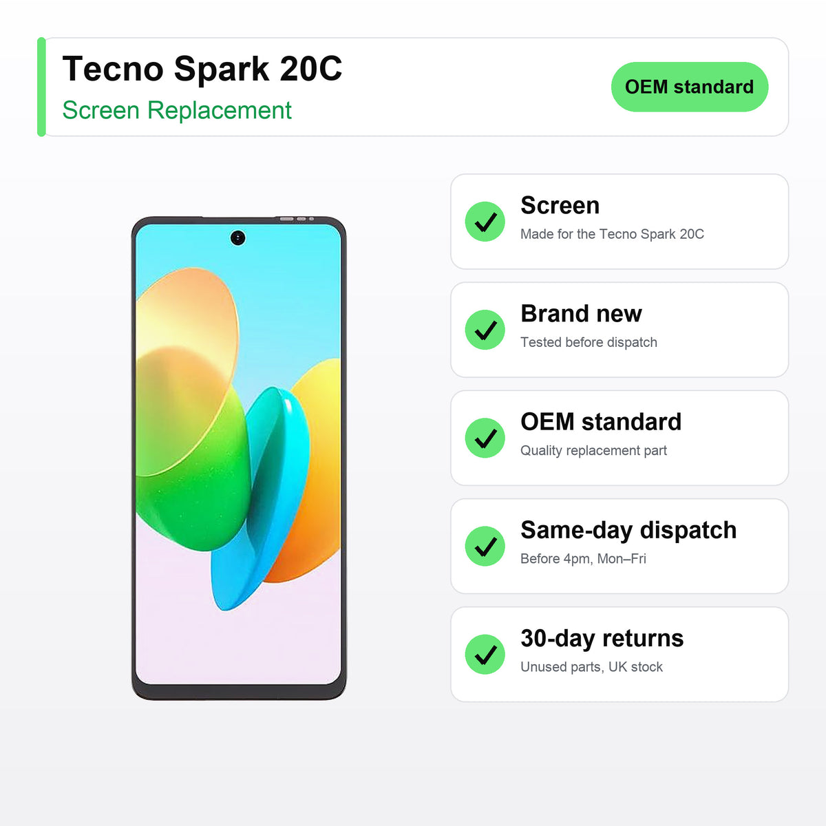 Tecno Spark 20C screen key facts: brand new, tested, same-day UK dispatch