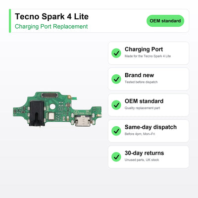Tecno Spark 4 Lite charging port key facts: brand new, tested, same-day UK dispatch