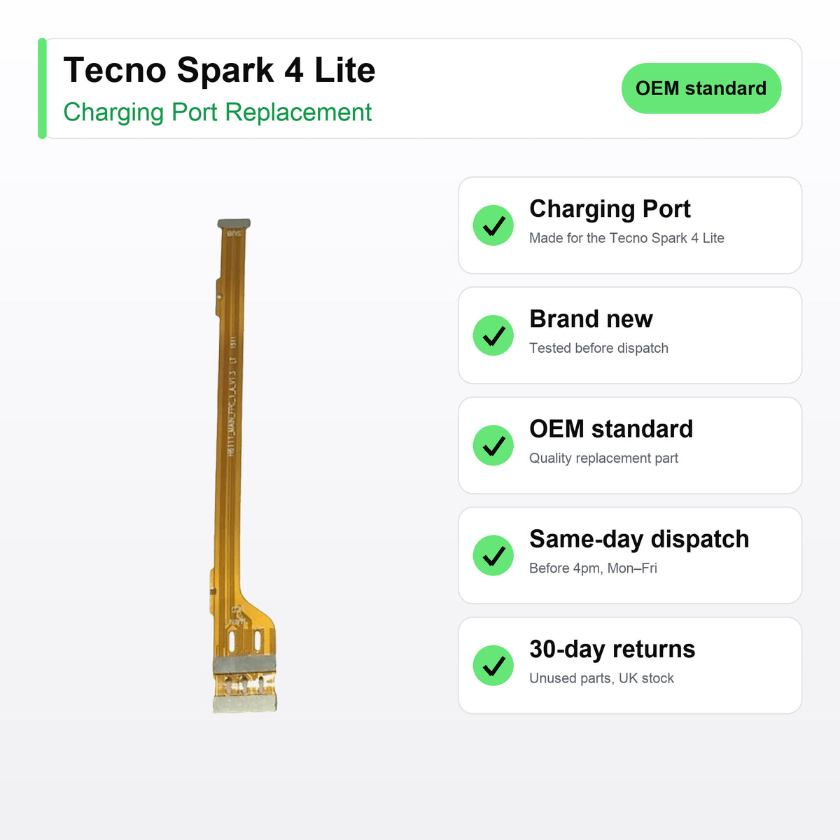Tecno Spark 4 Lite charging port key facts: brand new, tested, same-day UK dispatch