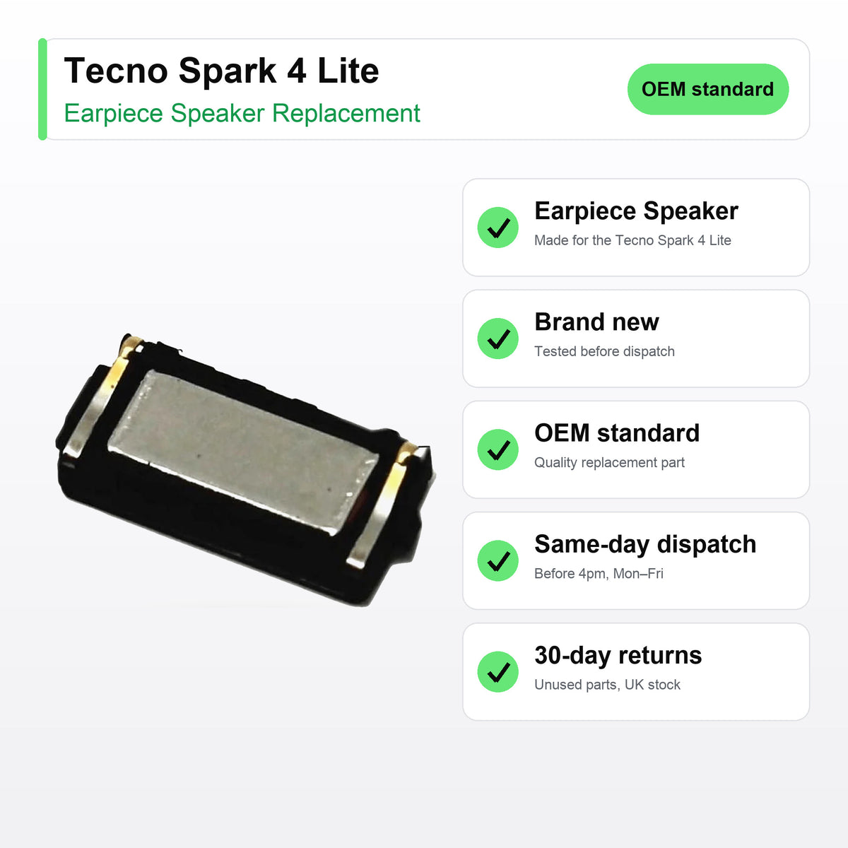 Tecno Spark 4 Lite earpiece speaker key facts: brand new, tested, same-day UK dispatch