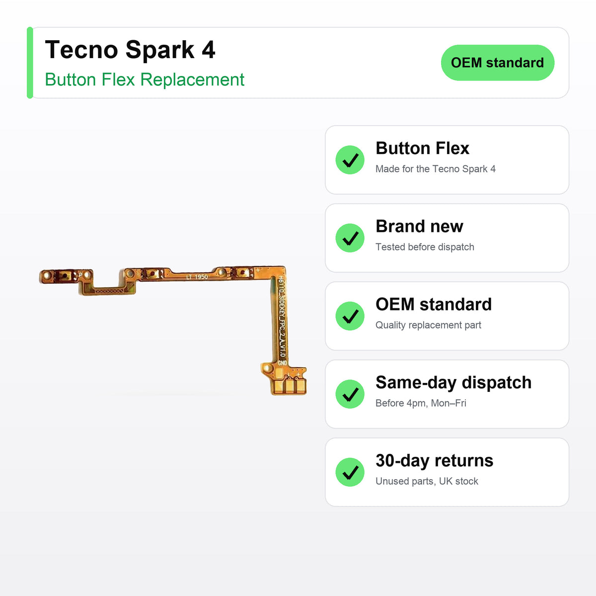 Tecno Spark 4 button flex key facts: brand new, tested, same-day UK dispatch