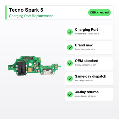 Tecno Spark 5 charging port key facts: brand new, tested, same-day UK dispatch