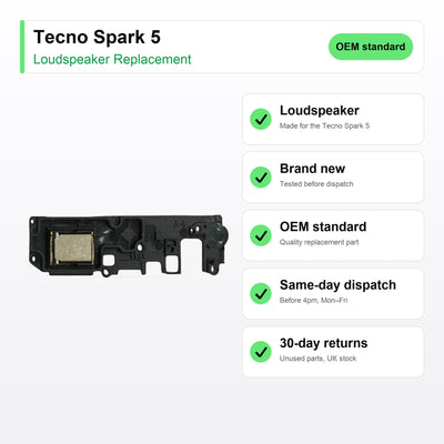 Tecno Spark 5 loudspeaker key facts: brand new, tested, same-day UK dispatch