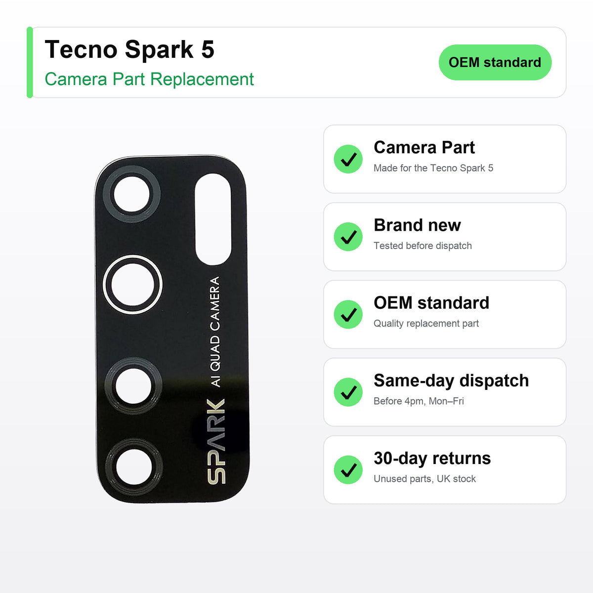 Tecno Spark 5 camera lens key facts: brand new, tested, same-day UK dispatch