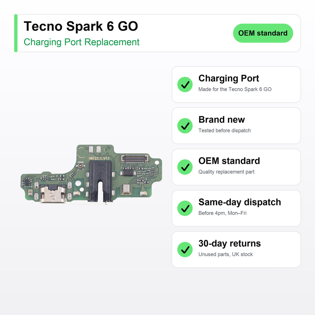 Tecno Spark 6 GO charging port key facts: brand new, tested, same-day UK dispatch