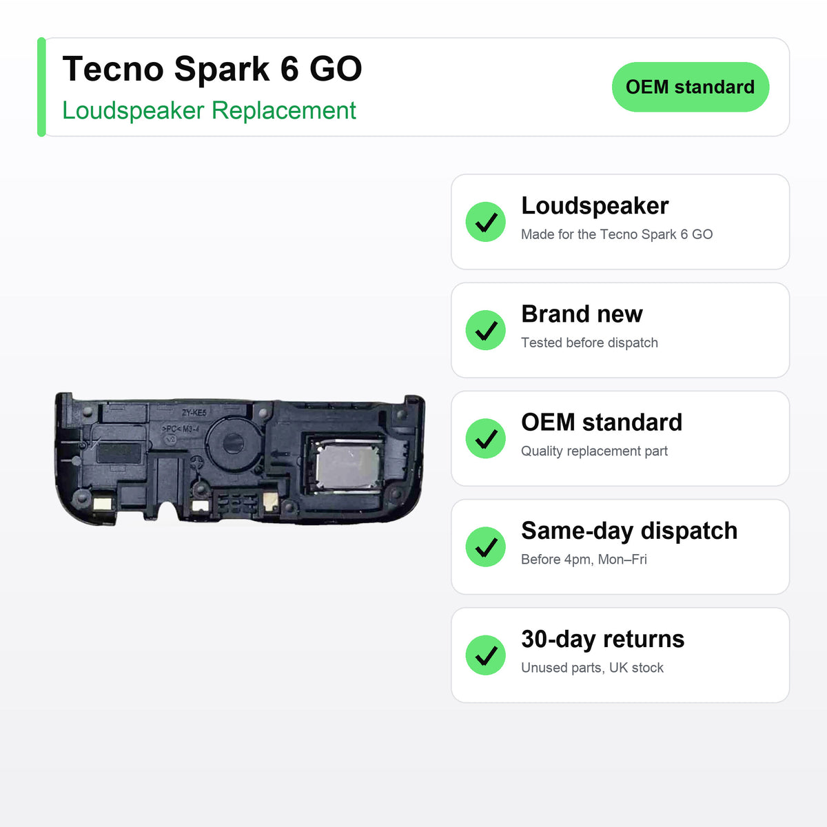 Tecno Spark 6 GO loudspeaker key facts: brand new, tested, same-day UK dispatch