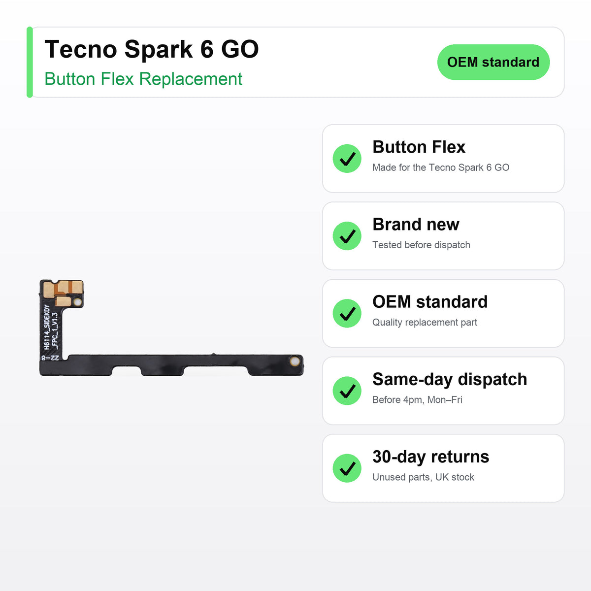 Tecno Spark 6 GO button flex key facts: brand new, tested, same-day UK dispatch