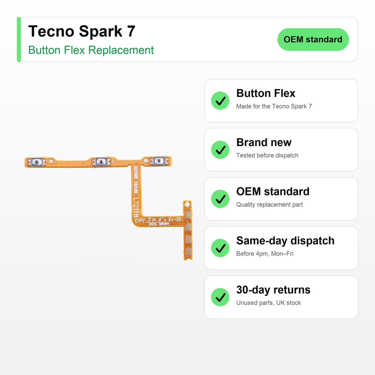 Tecno Spark 7 button flex key facts: brand new, tested, same-day UK dispatch