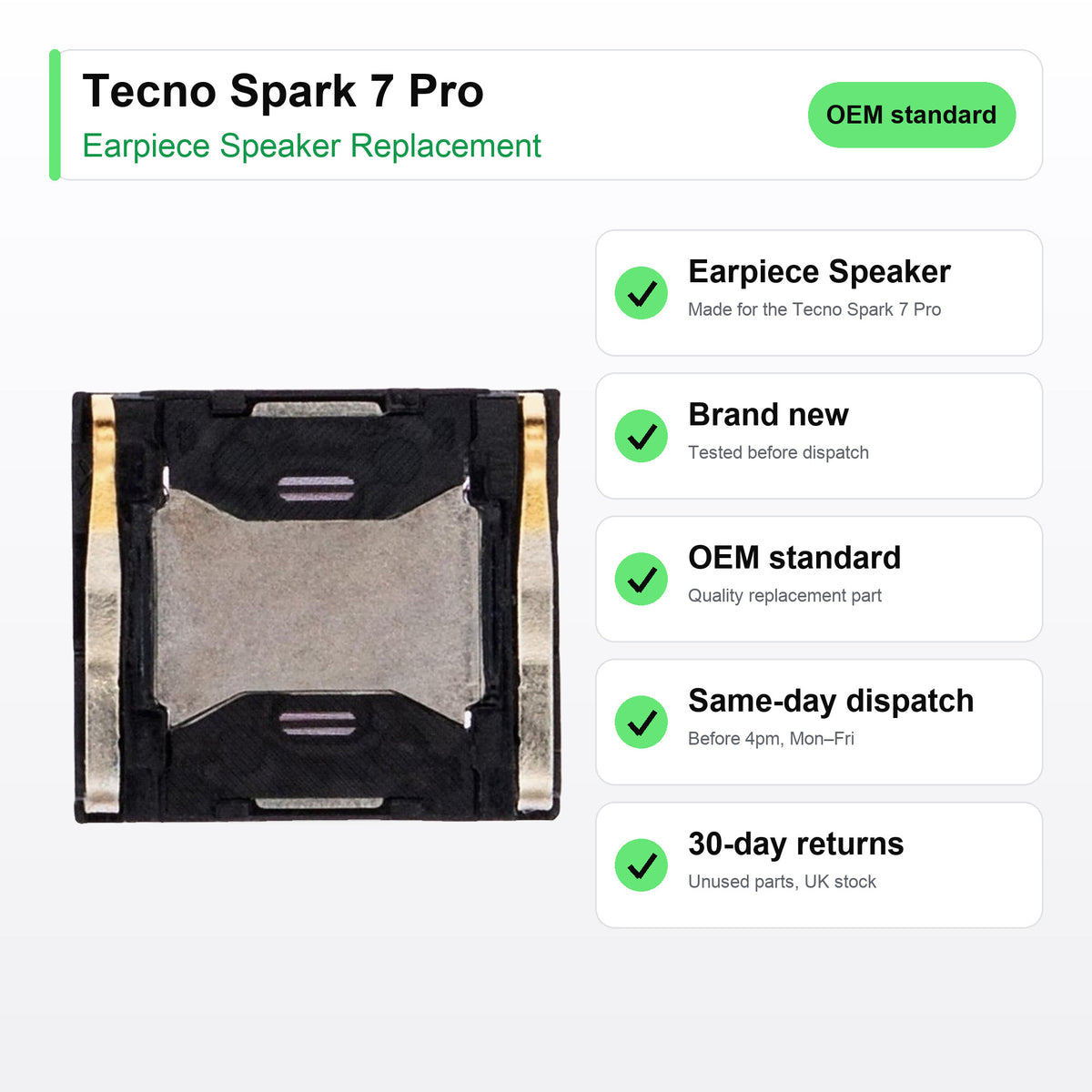 Tecno Spark 7 Pro earpiece speaker key facts: brand new, tested, same-day UK dispatch