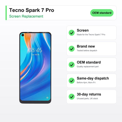 Tecno Spark 7 Pro screen key facts: brand new, tested, same-day UK dispatch