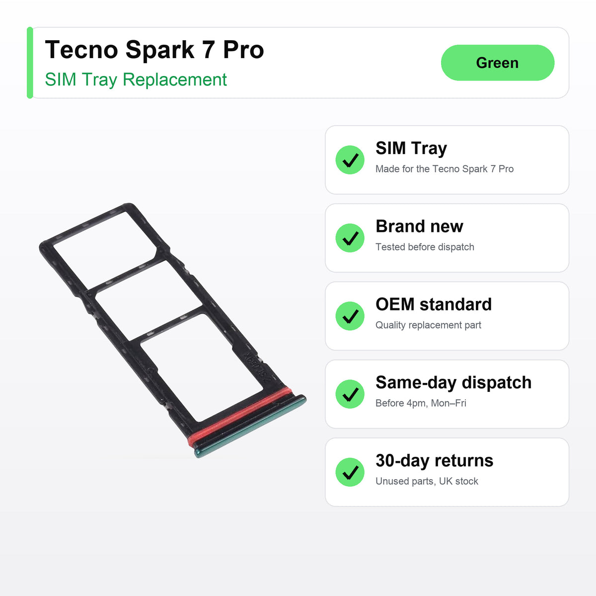 Tecno Spark 7 Pro SIM tray key facts: brand new, tested, same-day UK dispatch