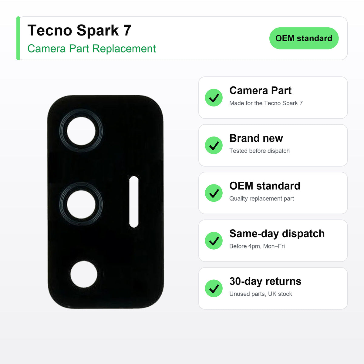 Tecno Spark 7 camera lens key facts: brand new, tested, same-day UK dispatch