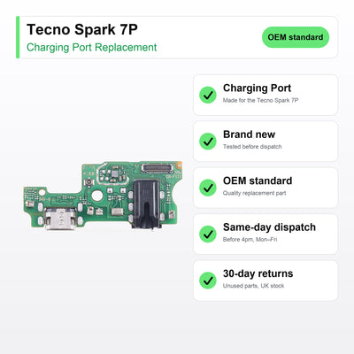 Tecno Spark 7P charging port key facts: brand new, tested, same-day UK dispatch