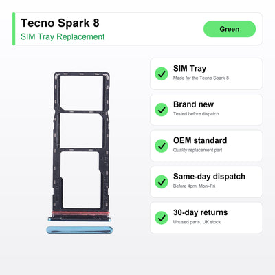 Tecno Spark 8 SIM tray key facts: brand new, tested, same-day UK dispatch