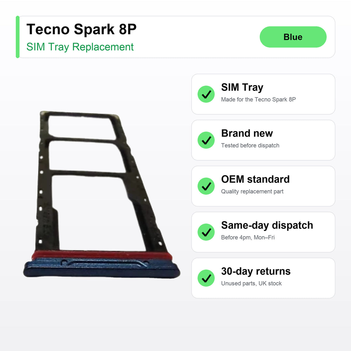 Tecno Spark 8P SIM tray key facts: brand new, tested, same-day UK dispatch
