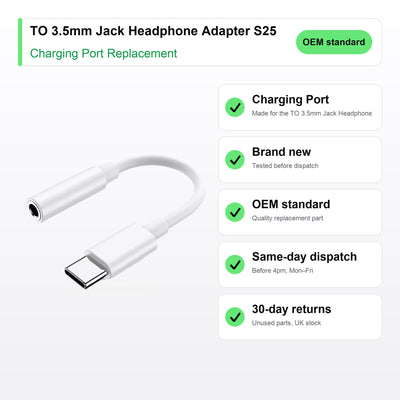 TO 3.5mm Jack Headphone Adapter S25 S24 S23 S22 charging port key facts: brand new, tested, same-day UK dispatch