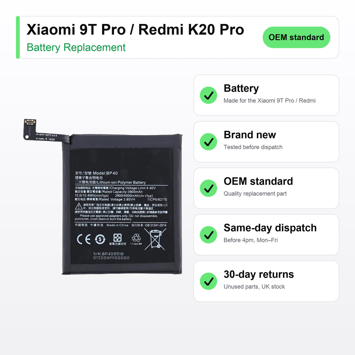Xiaomi 9T Pro / Redmi K20 Pro battery key facts: brand new, tested, same-day UK dispatch