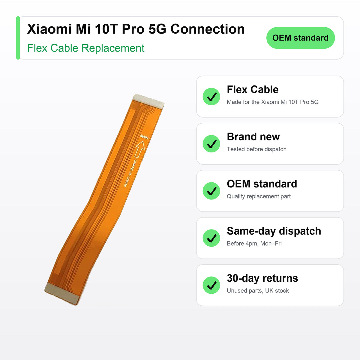 Xiaomi Mi 10T Pro 5G Connection flex cable key facts: brand new, tested, same-day UK dispatch