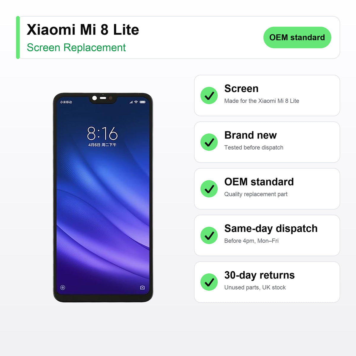 Xiaomi Mi 8 Lite screen key facts: brand new, tested, same-day UK dispatch
